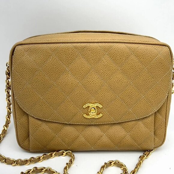Chanel Medium Caviar Dark Beige Camel 24k Gold Hardware Vintage RARE - Picture 1 of 9